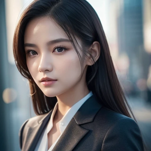 Close-up of a woman in a suit,  medium close-up (  micro  ), 8k  ART GEL  bokeh, Vojtek Fuss, ig model |  ART GEL , Lostrun 8k, by ruan jia and stanley  ART GEL , Jason Chan,  cinematic . Ren Jun, Jan J, ヤンジュン・チェント