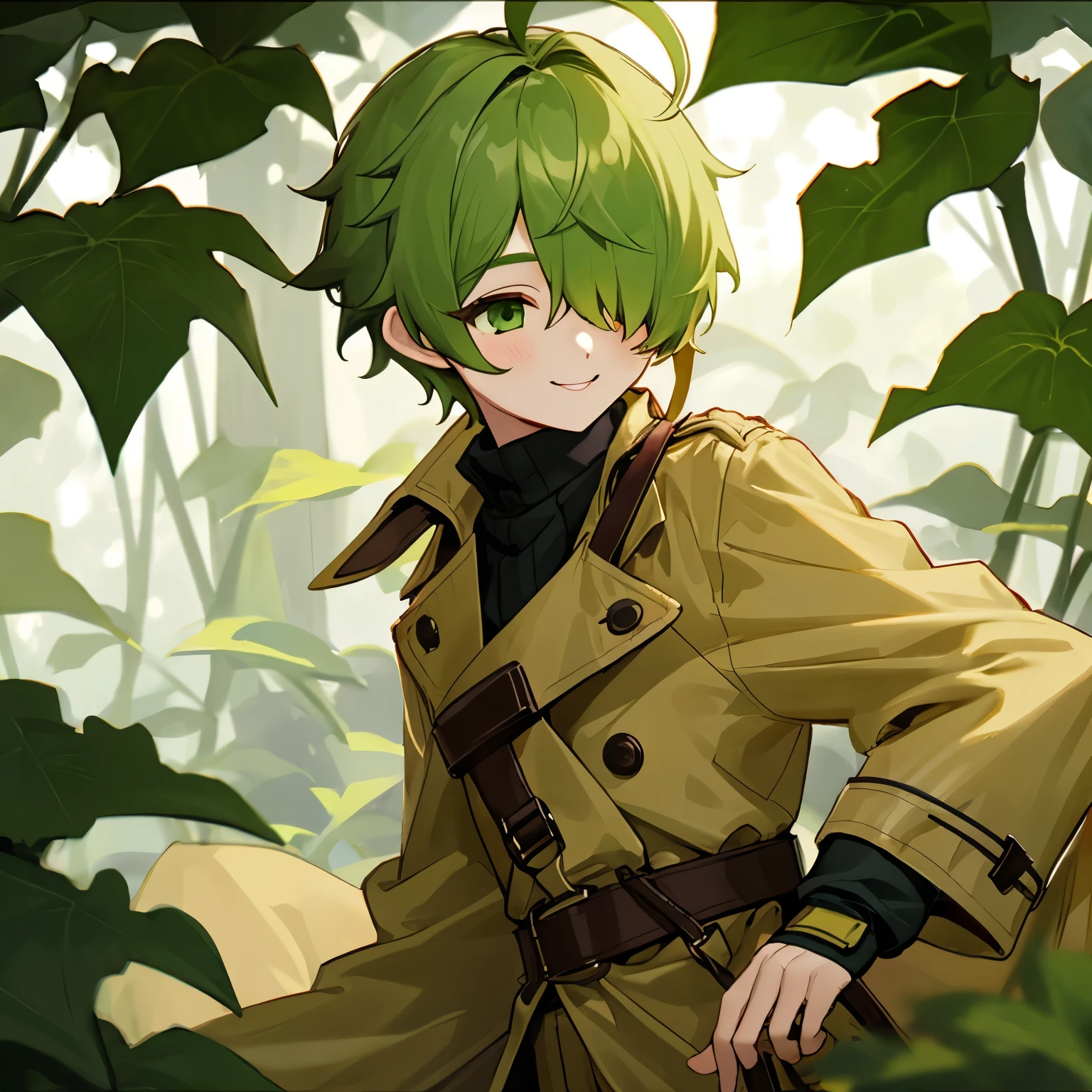 (boy), Dryad, green ivy hair, green eyes, short cut, side part, ahoge, hair over one eye, thin eyebrows, young, smiling, alone, short, Shota, pants, pail yellow trench coat, long boots, plant hair accessory, wide pants, harness, fingerless glove, belt, Solo, with a left hand bow, upper body