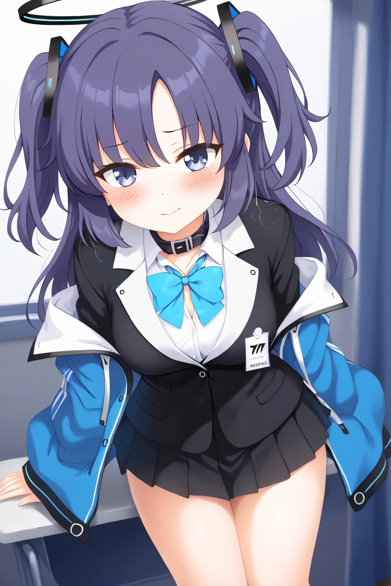 1 girl,older sister type,high-school girl,(((Hayase Yuuka))), HD, top quality,Best quality,((( anatomically correct))),Blue archive, Blue-purple twin-tail ,The tip of the jacket is slightly curled , the hair is divided on the sides , the bangs are slightly long and hang over the eyes ,Bright blue eyes, school uniform,chest, the collar of the jacket is accented, the bow is tied to the chest , slim, stylish, thighs, blush,(((セックス)))