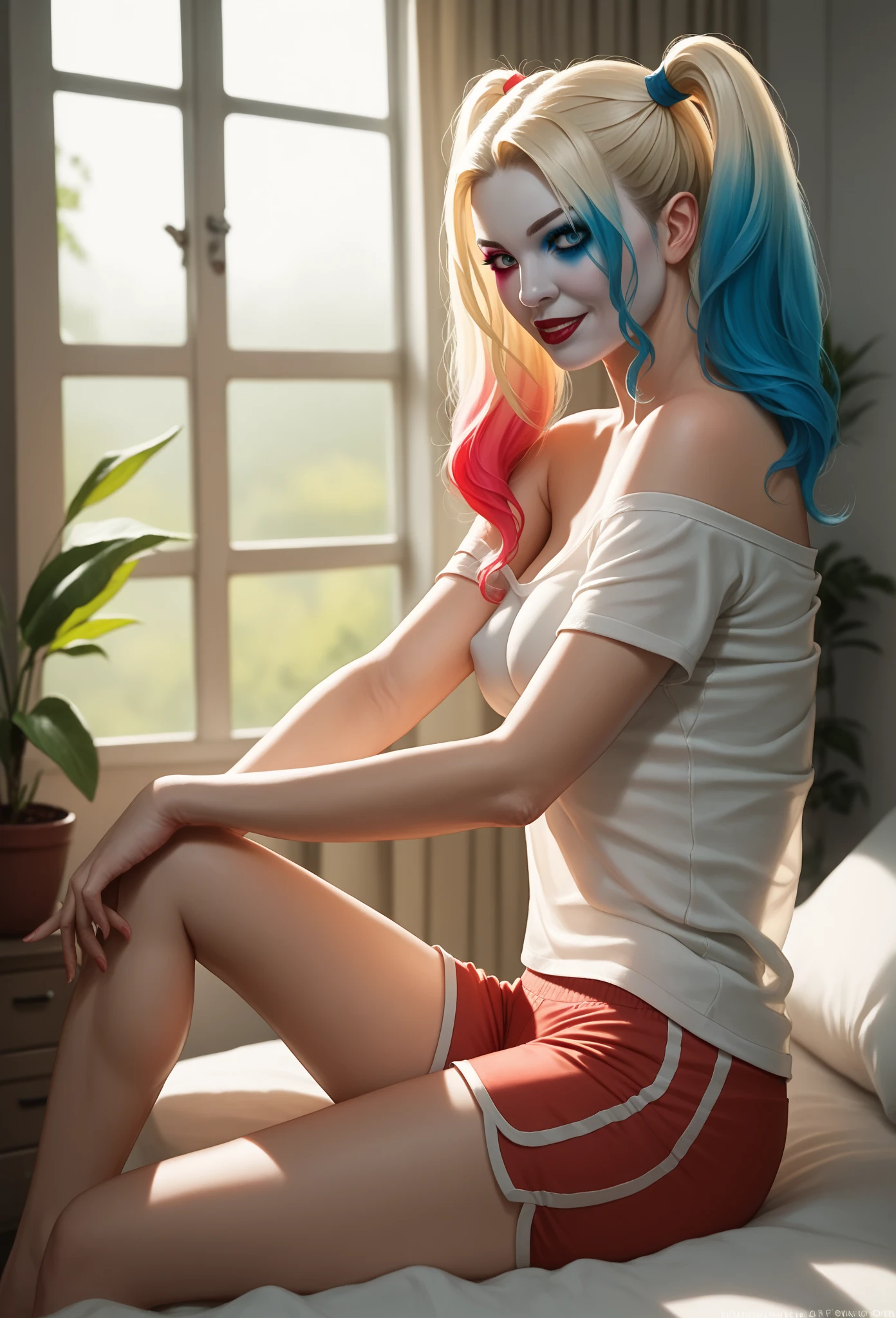Harley quinn, multi colored hair, blue eyes, cozy room, seductive, smirk, nude,