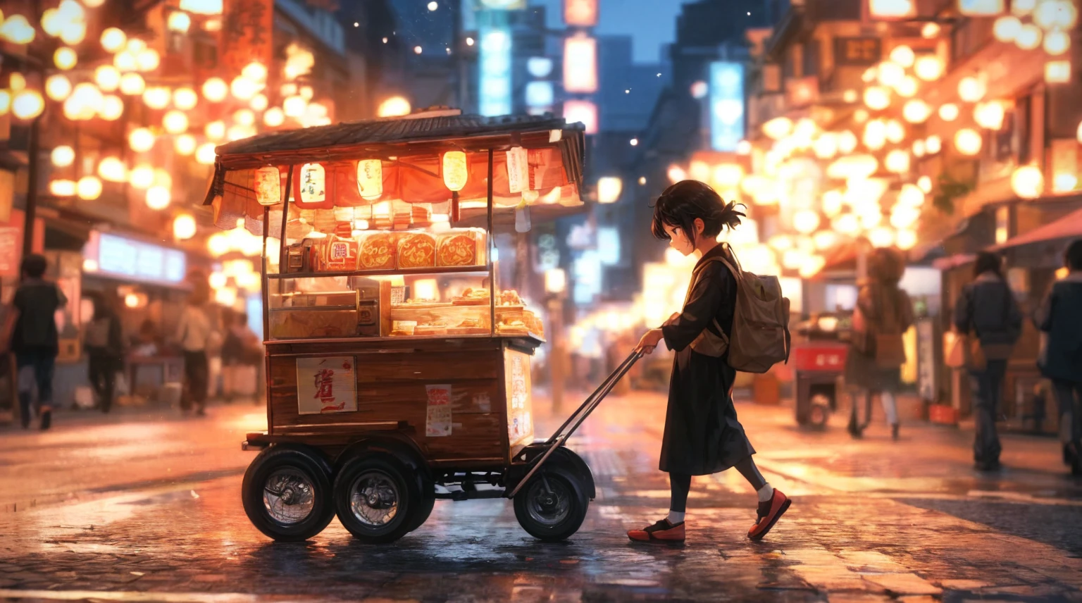 (best quality, masterpiece:1.2), a lone ramen peddler is dragging his yatai across the streets after the business hours ends, late evening, photorealistic illustration, ghibli style