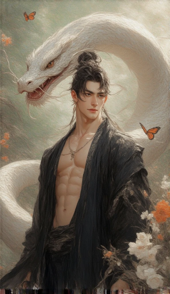 A handsome Asian man with strikingly sharp facial features, large expressive eyes, and a toned, model-like physique. shirtless, revealing defined and sculpted abs that exude strength and elegance. His skin is luminous, with a radiant glow reminiscent of a deity, giving him an ethereal aura.

He is wearing black traditional Chinese attire, with an open-front outer robe that reveals a muscular upper body, The robes are detailed with subtle silver embroidery, adding an air of mystique and sophistication.

The scene is set in a lush garden filled with blooming flowers and vibrant greenery, with a shallow depth of field that creates a dreamy bokeh effect in the background. A majestic big white snake with smooth, shimmering scales coils gracefully around him, symbolizing mystery and power. Orange and white butterflies flutter gently, adding movement and emphasizing the multi-layered depth of the composition.

Soft sunlight filters through the trees, casting a warm glow on his skin and the surrounding blossoms. The overall atmosphere is a blend of sensuality, mystery, and divine presence, captivating the viewer with its enchanting and layered depth