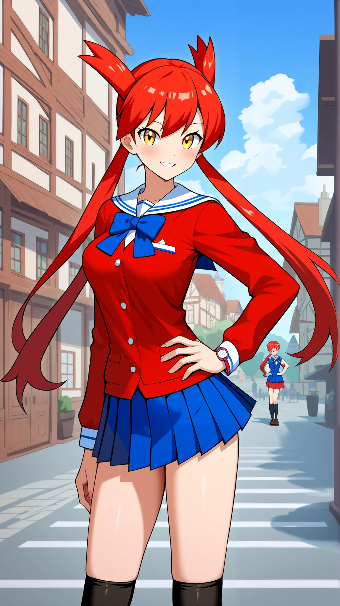 (( top quality)), ((masterpiece)), (( Details)), 1girl, Red hair color,  twin tails,  long hair, Yellow Eyes, Ample breasts,  Tall,  Audience , 1 Female, Age 18,  long sleeve sailor suit,  blue pleated mini skirt ,  high school girl,  black thigh high socks,  absolute domain,  thighs,  loafers without pants,  sexy smile,  seductive smile, Place one hand on hip, Slim figure,  is standing,  ANIME COLORING BOOK,  score_9,  score_8_Excellent,  score_7_Excellent,  score_6_Excellent,  source_Anime,  cell shading,  flat color, vector, (\ Pokémon\), town, Two legs, two arms,