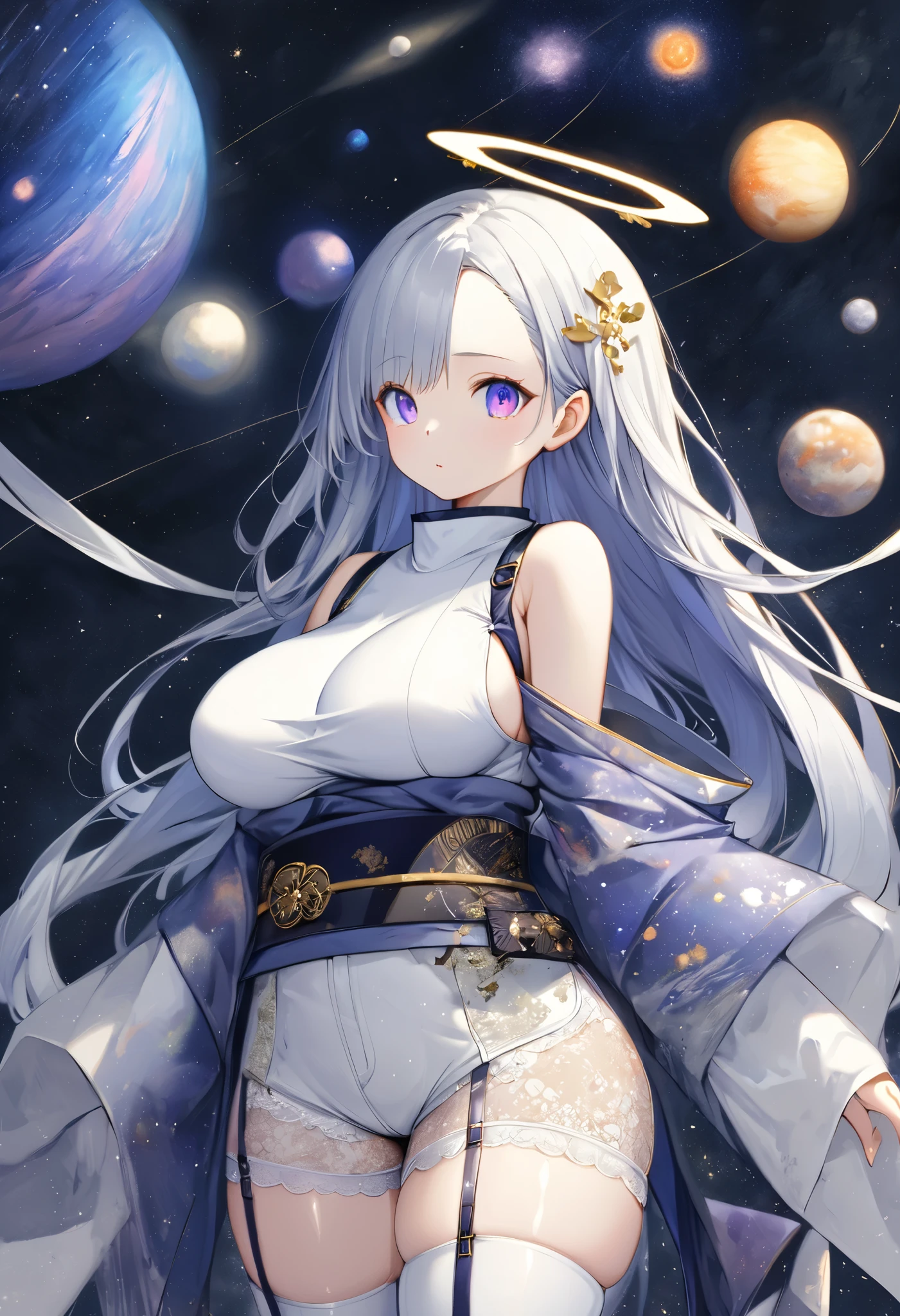 fresh illustration ,
Superfine painting,
top quality,
very delicate illustration ,
Very fine details ,
beautiful attractive anime style ,
Fascinating anime style ,
Super detailed drawing ,
beautiful and sophisticated illustration of one girl ,
full body view,
Height: 158cm,
Fair skin,
right eye blue left eye purple perfect heterochromia ,
large black pupils ,
beautiful eyes,
super long hair,
shiny hair ,
The roots of the hair are blue and the others are gray ,
The hair is gradated
My forehead is half sticking out,
pretty and cute face ,
Cheeks are ruddy,
A small, shiny halo is floating on the back of the head,
Lowering the eyebrows,
since age 27,
The upper half of the body is in a traditional Japanese kimono,
Overall white clothes ,
lower body Nadres ,
The color of the belt is black ,
The design is tastefully embroidered with gold thread,
fine fabric clothing ,
Shoulder-width narrower shoulders,
mega breasts,
Isometric,
Golden Ratio,
god々 like atmosphere,
The undershirt is indigo-colored with a stand-up collar,
outer space ,
There are multiple galaxies ,
Little Star々 upper body ,
tactical use of shadows ,
The hair and the halo on the head do not extend beyond the frame,
Clothes don't stick out of the angle of view ,
garter belt,
stockings ,
The thigh straps are digging into the skin,
ivory lace shorts,
white boots,
There are countless Japanese style ,
Thin Waist,
Thick thighs,
Standing,
Long Shot,