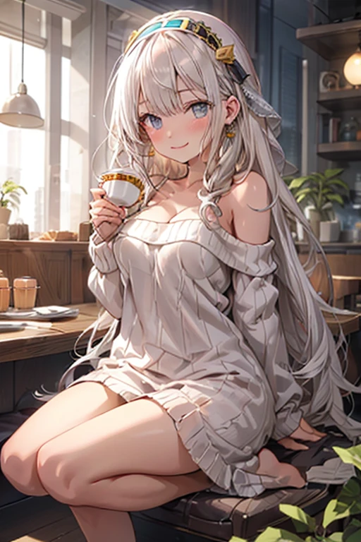 masterpiece,highest quality,8k quality ,Highly detailed face,fine grain,Waterfront,Highlighted eyes, medium breasts ,pretty girl,smile,Cat ear,Beautiful silver hair,Pink inside,Beautiful pink eyes,Oversized shirt、Hydrangea, distressed jeans