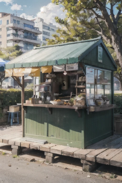 small booth about cloud kitchen with online delivery food like grab food, then the four ghost kitchen company canteen, madeats, (((sunny park scenery)))