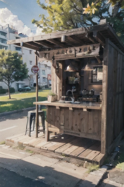 small booth about cloud kitchen with online delivery food like grab food, then the four ghost kitchen company canteen, madeats, (((sunny park scenery)))