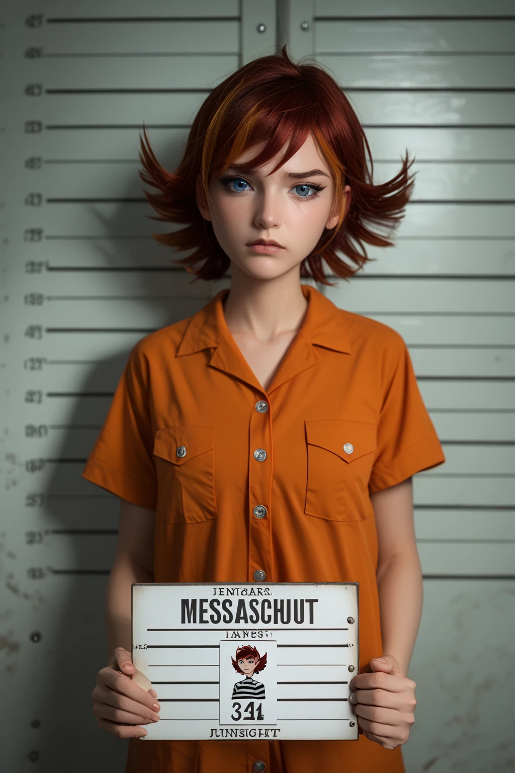 (score_9, score_8_up, score_7_up) BREAK source_anime, 1girl, solo, prison clothes, looking at viewer, sad, standing, mugshot, holding sign, mugshot, holding sign, janet van dyne, short hair, brown hair, multicolored hair, blue eyes