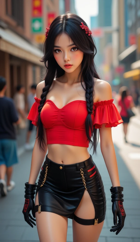 A young Asian woman, positioned slightly off-center to the left of the frame, is depicted in a dynamic, slightly stylized fashion.  She has long, dark black hair, styled in a braid adorned with red accents, and expressive brown eyes.  Her complexion is fair.  Her expression is neutral, with a slight hint of confidence.  She is wearing a cropped, vibrant red top with layered ruffled sleeves, a black, high-waisted skirt with a thigh-high slit, and black gloves with red/black patterns.  A gold chain is visible on the skirt's waistband.  Her body type is slender and athletic, with a visible waistline.  She is walking or posing, suggesting a sense of movement. The background is slightly out of focus, containing a street scene with blurred figures. The overall colors are bold with red, black, and hints of brown and beige. The lighting in the image is bright and directs attention to the woman's features and clothing. The composition and perspective suggest a street style or fashion photoshoot. The style and atmosphere are contemporary and fashionable. The image showcases a stylish, confident young woman.