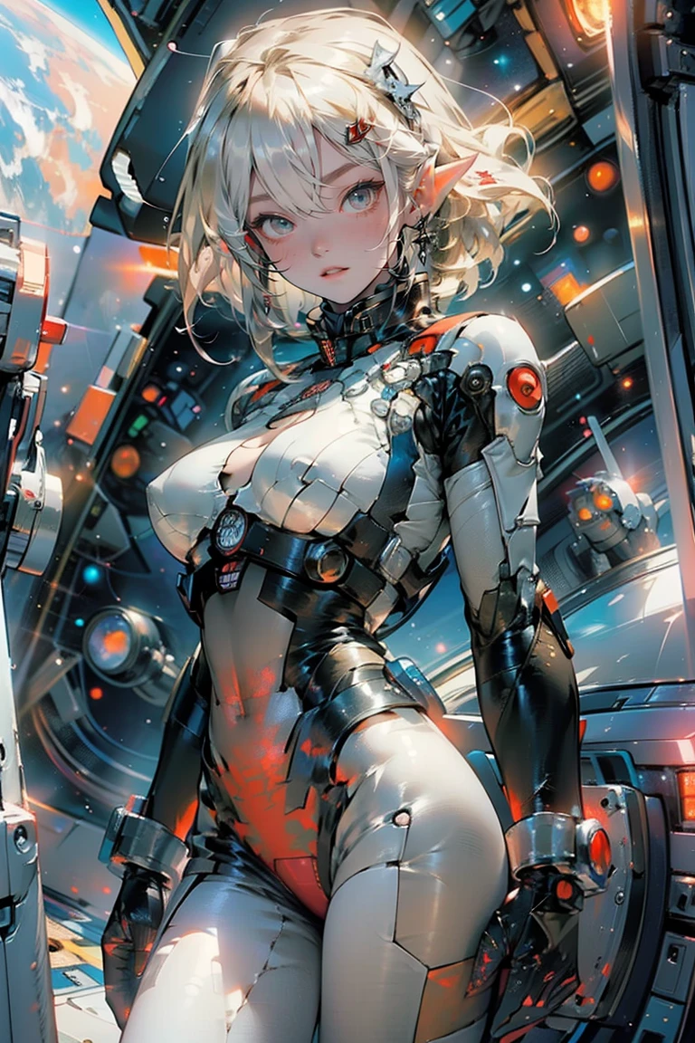 's greatest masterpiece、 top quality、8k、 Pretty Elf Girl、(((The perfect bodysuit that clearly shows body lines)))、((Big Breasts:1.5))、Beautiful glowing blonde、 Attractive Body Line 、bewitching、Amazing abs、 outer space 、A space base full of futuristic mechs、 Dynamic Composition 、Smug face