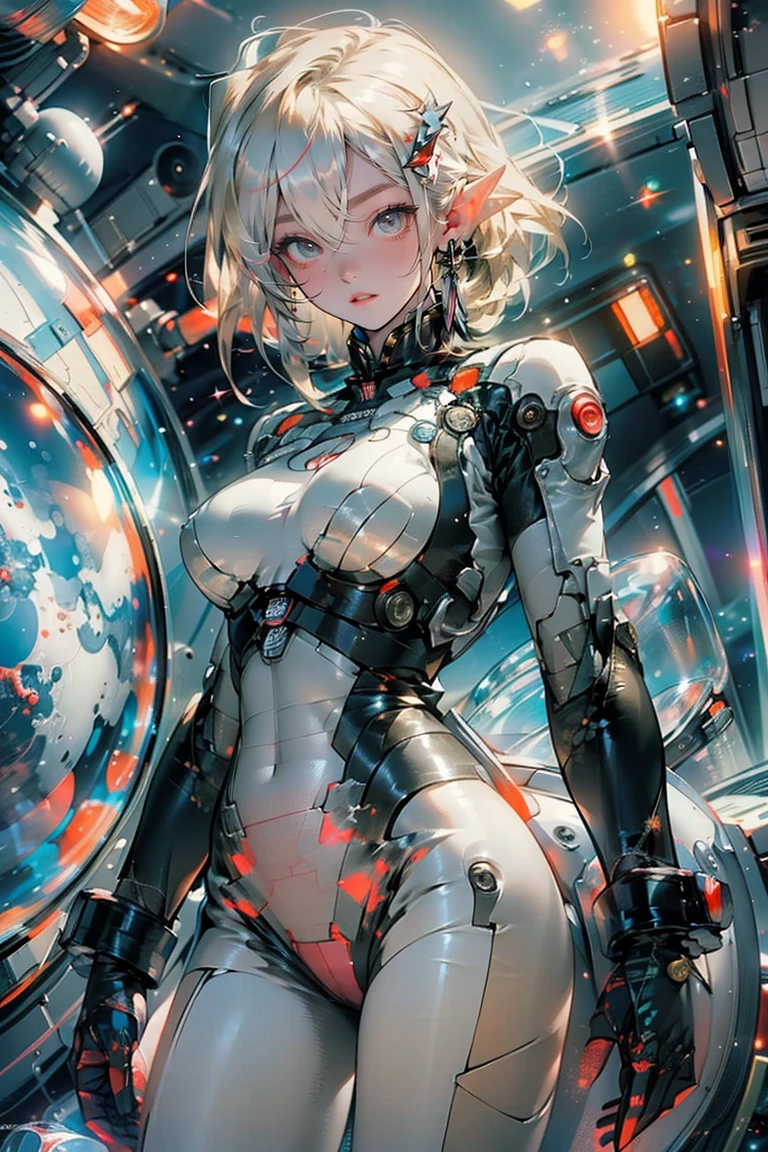 's greatest masterpiece、 top quality、8k、 Pretty Elf Girl、(((The perfect bodysuit that clearly shows body lines)))、((Big Breasts:1.5))、Beautiful glowing blonde、 Attractive Body Line 、bewitching、Amazing abs、 outer space 、A space base full of futuristic mechs、 Dynamic Composition 、Smug face