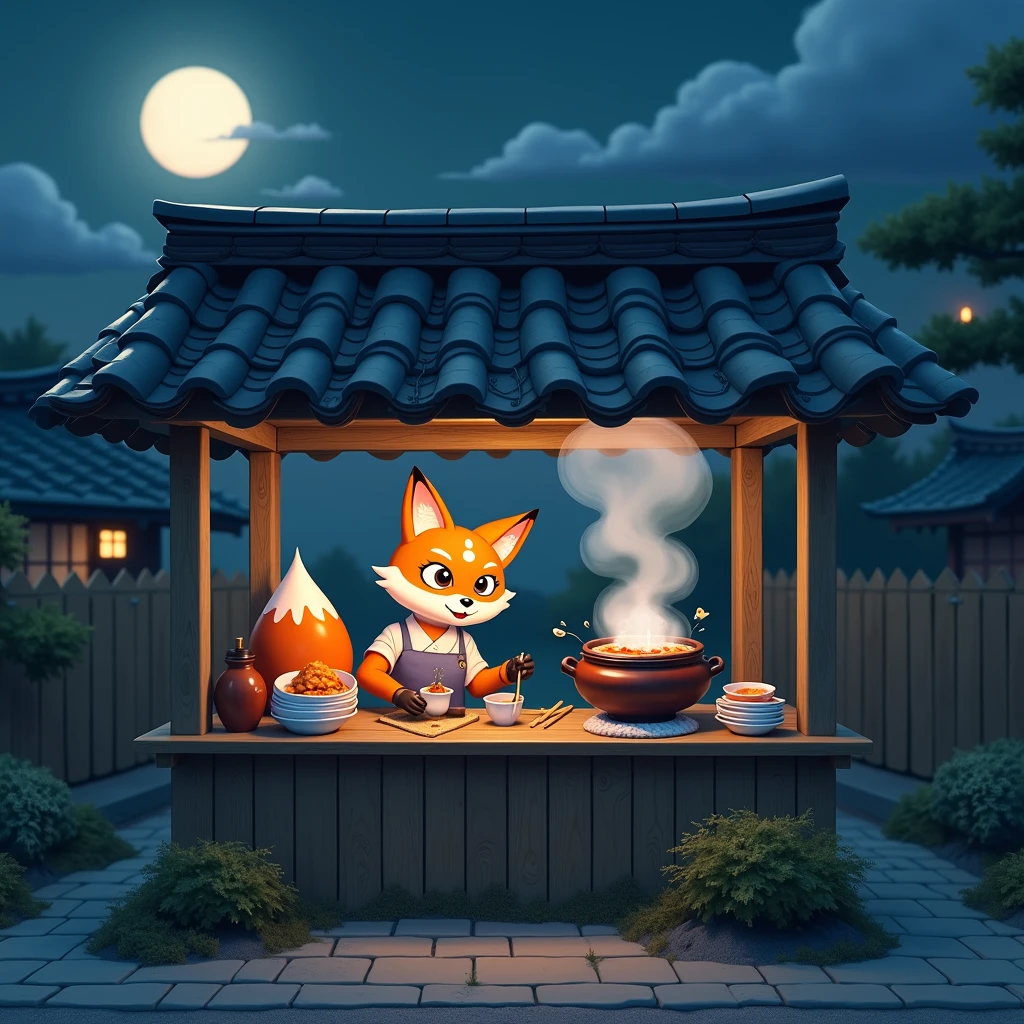  Old Wooden Stall 、Steam from the wooden roof 、 Oden Stall 、Fox shopkeeper wearing an apron、 Cool Night Atmosphere、Full moon night、 Steam from Oden Pot 、Crisp lines、 sharp focus、 High Quality 、 8K ultra HD、 Amazing Full Color 、Plates, chopsticks, sake, and boar mouths on the counter、Realistic、 real pictures、