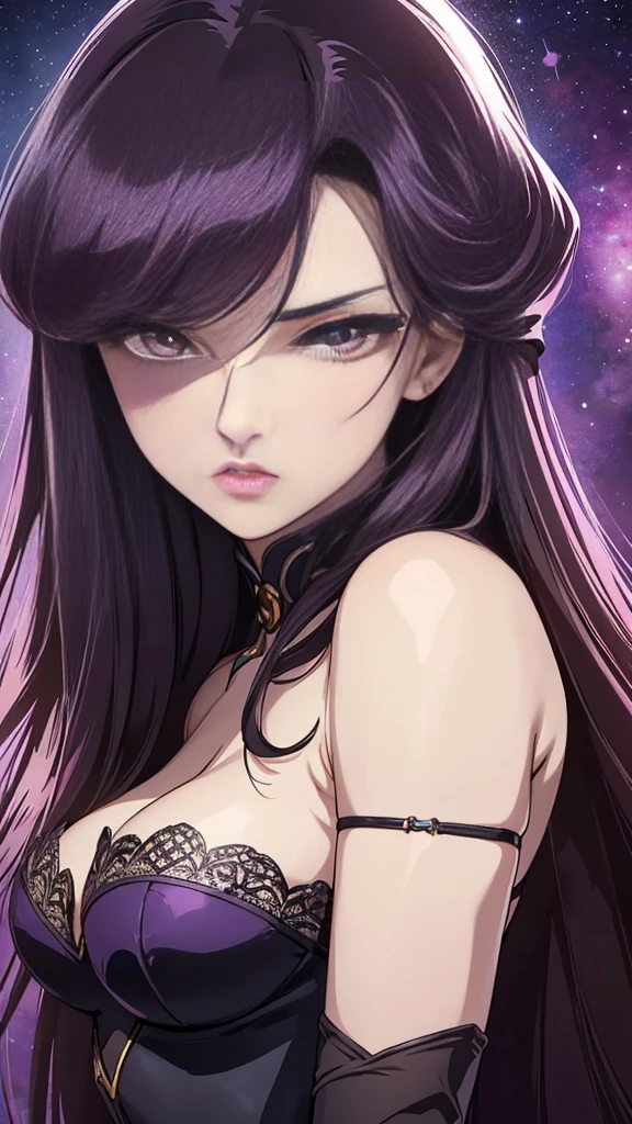 Ultra-detailed wallpaper, Ultra-detailed lines, Ultra-detailed body, Ultra-detailed attributes, Rendered image, Ultra-detailed drawing strokes, Ultra-detailed face, Ultra-detailed eyes, Ultra-detailed hair, Field location, Sensual, Erotic, Masterpiece, Highly detailed, High quality, (Pandora from the Saint Seiya anime series) a girl of great beauty, Her physique is as follows: long-haired girl, wears lingerie)), her hair is black as night, Misato Katsuragui's haircut, long and straight, falling down her back to her waist. ((Misato's haircut)), Her bangs cover part of her forehead and frame her oval face.  Her eyes are purple, ((big purple eyes)),((big eyelashes))(( which contrasts with her pale skin and dark hair. Her eyes reflect her cold, cruel and ambitious personality. Her nose is thin and straight, giving her an aristocratic appearance. Her mouth is small and delicate, with full red lips, she wears lingerie, old anime gothic girl, full body pose