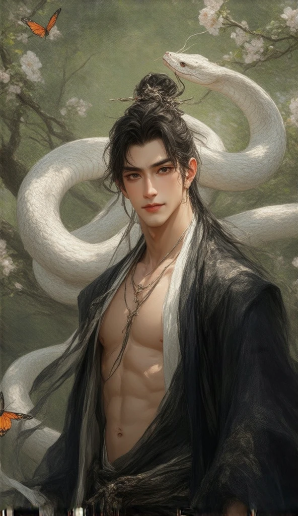 A handsome Asian man with strikingly sharp facial features, large expressive eyes, and a toned, model-like physique. shirtless, revealing defined and sculpted abs that exude strength and elegance. His skin is luminous, with a radiant glow reminiscent of a deity, giving him an ethereal aura.

He is wearing black traditional Chinese attire, with an open-front outer robe that reveals a muscular upper body, The robes are detailed with subtle silver embroidery, adding an air of mystique and sophistication.

The scene is set in a lush garden filled with blooming flowers and vibrant greenery, with a shallow depth of field that creates a dreamy bokeh effect in the background. A majestic big white snake with smooth, shimmering scales coils gracefully around him, symbolizing mystery and power. Orange and white butterflies flutter gently, adding movement and emphasizing the multi-layered depth of the composition.

Soft sunlight filters through the trees, casting a warm glow on his skin and the surrounding blossoms. The overall atmosphere is a blend of sensuality, mystery, and divine presence, captivating the viewer with its enchanting and layered depth