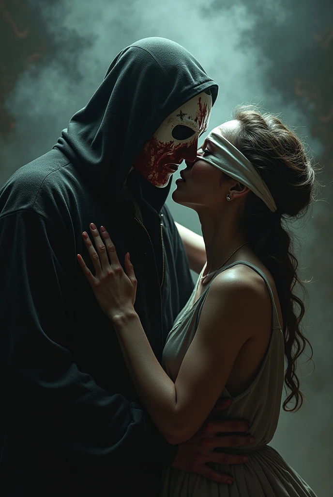 In black and white, depict a man holding a woman's face in an obsessive manner. The woman's face should be blindfolded with a bright red blindfold (the only color in monochrome picture) with a visible dry tear stain on one cheek. The man’s expression should be intense and focused, adding to the obsessive theme. The Man should be 25 years old, very handsome with sharp jawline and no facial hair or beard in the face and looks young unlike his age of 25. the woman looks younger than her age of 22, her hair is shoulder length and slightly wavy. no face piercing on both. Their position should be like this. The man held the women from behind, his veiny strong hands holding the woman's chin up. The man's eyes shows dark intentions while looking toward the woman. The blindfold should only be around the woman's eye area. Her facial expression shows fear and despair. The woman has a nice and smooth jawline, small face and she looks really young like 18.