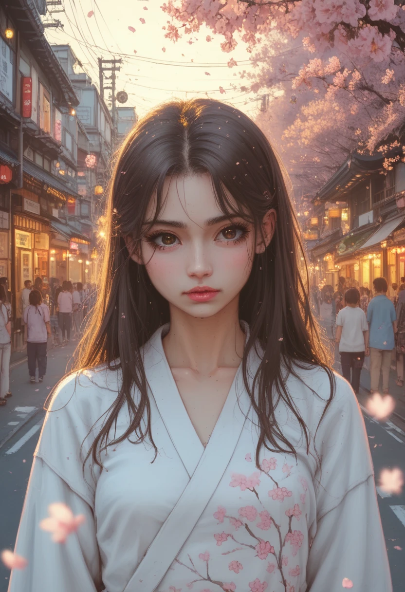 rough drawing, strong storke anime, thick outline, flat anime, long eyelashes, low saturation, masterpiece, 1girl , solo, long hair, brown hair, look at me, at tokyo street,anime background, ultra aesthetic scenery, ultra quality compsition, beautiful nature, ambient light, volumetric lighting, hdr environment, in spring, cherry blossoms
