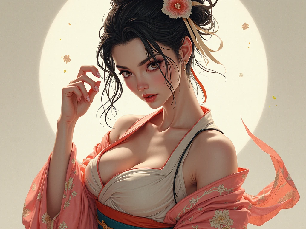 （masterpiece best quality：1.4），1girll， （Chinese text tattoo：1.5）， 独奏， hair flower， long whitr hair， eBlue eyes， looking at viewert， mediuml breasts， Tattooed with， brunette color hair， nipple tassels， exposed bare shoulders， By bangs， 耳Nipple Ring， inside in room， nape， cropped shoulders， jewely， eyeslashes， cparted lips， contours， hair-bun， nipple piercing， single hair bun，Japanese-style family environment