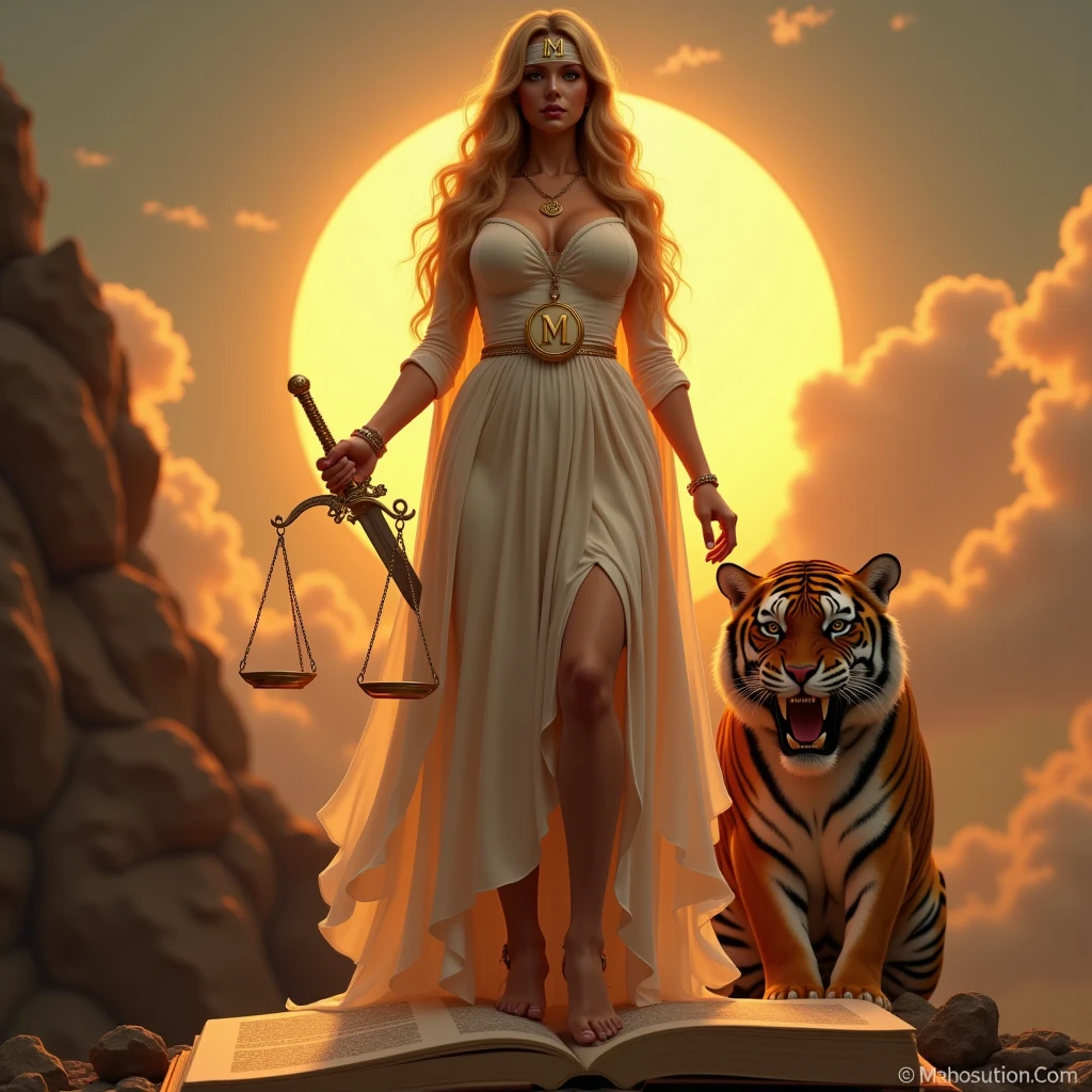  The Goddess Themis of Justice,  Looking straight ahead, And with a beautiful and real face,  and with a curvaceous body and with a white dress , and showing her wide hips , and showing off their wide and sturdy legs, and with soft and smooth skin ,  and with long, wavy gold-colored hair ,  and holding with her hand a long sword ,  and holding with the other hand a scale with the initial M , and cover the eyes of the goddess with a small, narrow white bandage,  all detailed and in high quality,  and on top of a large, thick and open silver-colored law book, and pulled from a single giant and huge and robust Bengal Tiger , And showing its large fangs , y  Looking straight ahead.  Include the initial M in a necklace and place it around the neck of the goddess, in gold color and in an elegant shape ,  and in the background it includes an elegant and beautiful sunset, includes a sun, and place the initial M in the center of the sun in an elegant and real way,  and in a sky environment with elegant and beautiful clouds.        