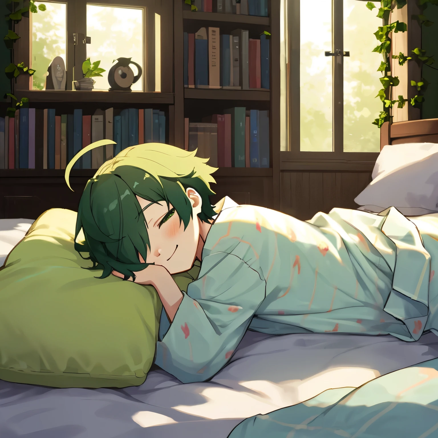 (boy), Dryad, green ivy hair, green eyes, short cut, right side part, ahoge, hair over one eye, thin eyebrows, young, alone, short, Shota, sleeping, smiling, lying down, eyes closed, inside, in the house, in the room, with a bed, with a bookshelf, with a window, at night, pajamas, Solo,
