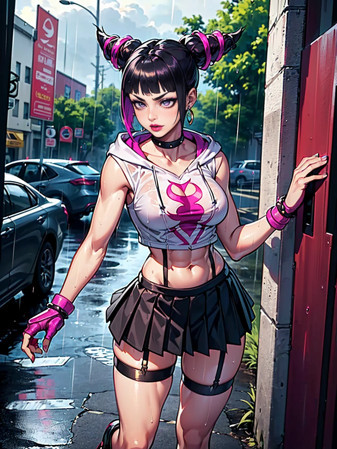 ((1 girl, Alone ,alone, Juri Han, Cute Juri Han from Street Fighter,   big ass,  purple eyes,  purple eyes, three,  multicolored hair,  purple eyes, , foujuri,   muscular woman , gold bracelets,  ruby earrings )), athletic body,  toned body , physical fitness, ((Alone, (1woman, pink lipstick),  Extremely detailed , Soft ambient lighting, 4k,  perfect eyes, a perfect face,  perfect lighting , a 1 girl)), ((physical fitness,, shapely body, athletic body,  toned body )), ((on a cloudy street ，Bright street，Corner store，Staircase station，Torrential rain and heavy rain ，She is wearing a red hooded jacket，Put on a hoodie， White blouse , white printed blouse， short black skirt , wide skirt, black pleated skirt,  Black garter belt ，Martin shoes，Rain-soaked clothes，Black exposure， Deep outdoor tent)), Draped collar