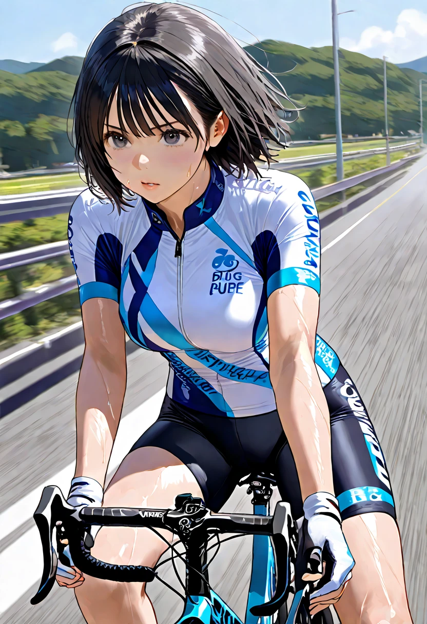 top-quality、realisticlying、Woman on a bicycle、Sweating、Thin、but rather muscular legs、shinny hair、Focused facial expressions