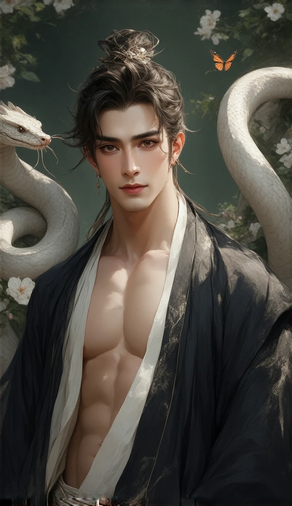 A handsome Asian man with strikingly sharp facial features, large expressive eyes, and a toned, model-like physique. shirtless, revealing defined and sculpted abs that exude strength and elegance. His skin is luminous, with a radiant glow reminiscent of a deity, giving him an ethereal aura.

He is wearing black traditional Chinese attire, with an open-front outer robe that reveals a muscular upper body, The robes are detailed with subtle silver embroidery, adding an air of mystique and sophistication.

The scene is set in a lush garden filled with blooming flowers and vibrant greenery, with a shallow depth of field that creates a dreamy bokeh effect in the background. A majestic big white snake with smooth, shimmering scales coils gracefully around him, symbolizing mystery and power. Orange and white butterflies flutter gently, adding movement and emphasizing the multi-layered depth of the composition.

Soft sunlight filters through the trees, casting a warm glow on his skin and the surrounding blossoms. The overall atmosphere is a blend of sensuality, mystery, and divine presence, captivating the viewer with its enchanting and layered depth