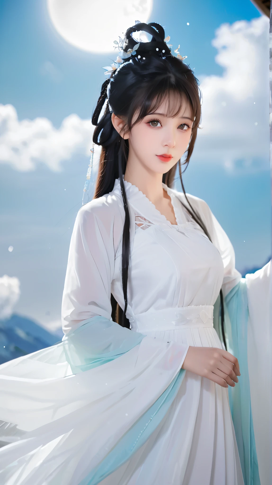 wearing a white dress 、头发上有花朵的Anime Girl, very 美丽的Anime Girl, 美丽的Anime Girl, beautiful fantasy anime , Gu Weiss, Anime Girl, 美丽的Anime Girl, very pretty cute girl , Blue and White, background blur, Anime style 4K, Anime fantasy work , 4k anime wallpaper, Guvez style artwork