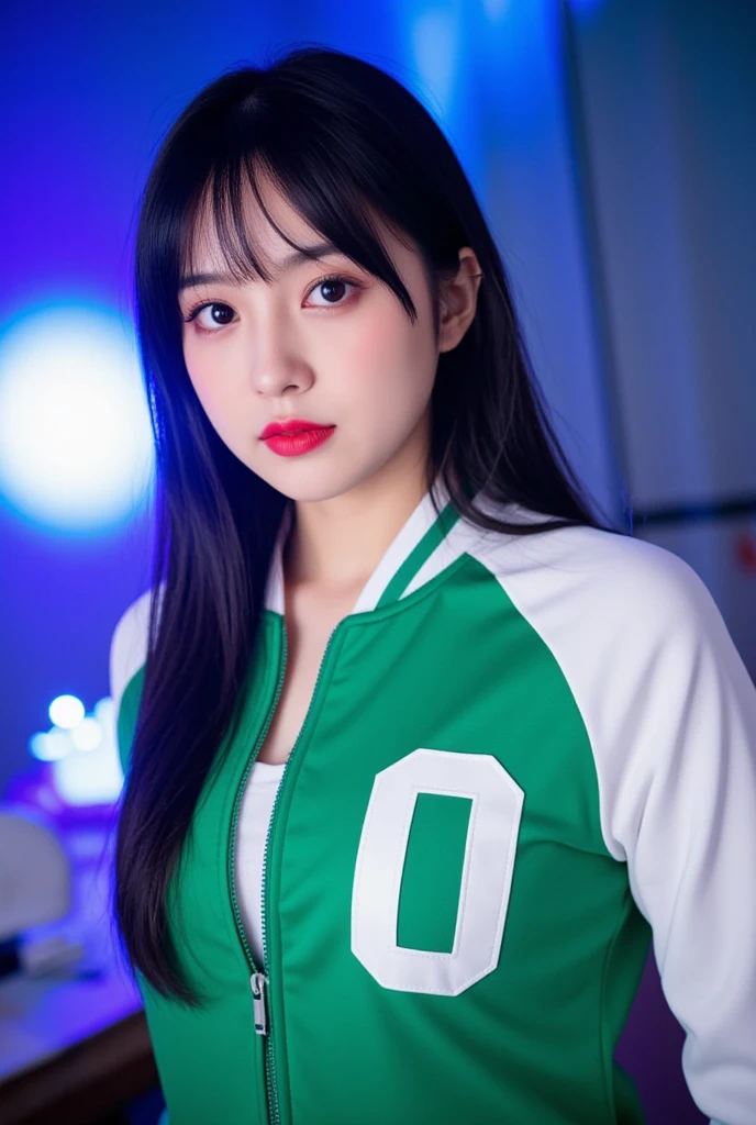  "A female cosplayer portraying a Squid Game contestant, wearing a green and white tracksuit jacket with the number 0. The jacket features the characteristic design from the series with white side panels. The cosplayer has long black hair with bangs, bold red lipstick, and is photographed against a background with blue and purple lighting effects. The photo appears to be a self-taken close-up shot. She's wearing a white top underneath the jacket. The lighting creates a modern, studio-like atmosphere with gradient effects in the background. The cosplay interpretation maintains the recognizable elements of the Squid Game contestant uniform while adapting it for a stylized photoshoot setting."
