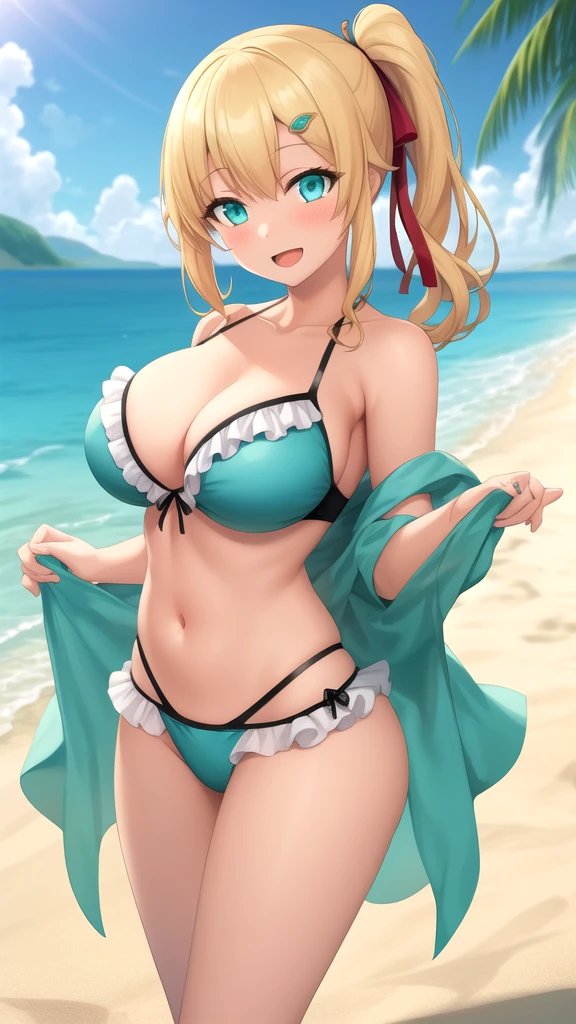 masterpiece, best quality, 1girl, solo, looking at viewer, emma_brightness, blonde hair, aqua eyes, ribbon, side ponytail, large breasts, frilled bikini, beach, standing, smile, open mouth 