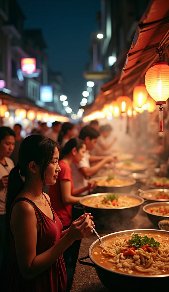 (Thailand　 a large number of Thai people eating dinner at 　Stalls lined up in rows ),(屋台で夕飯を食べている大勢のThailand人）,(Tom Yum Goong),