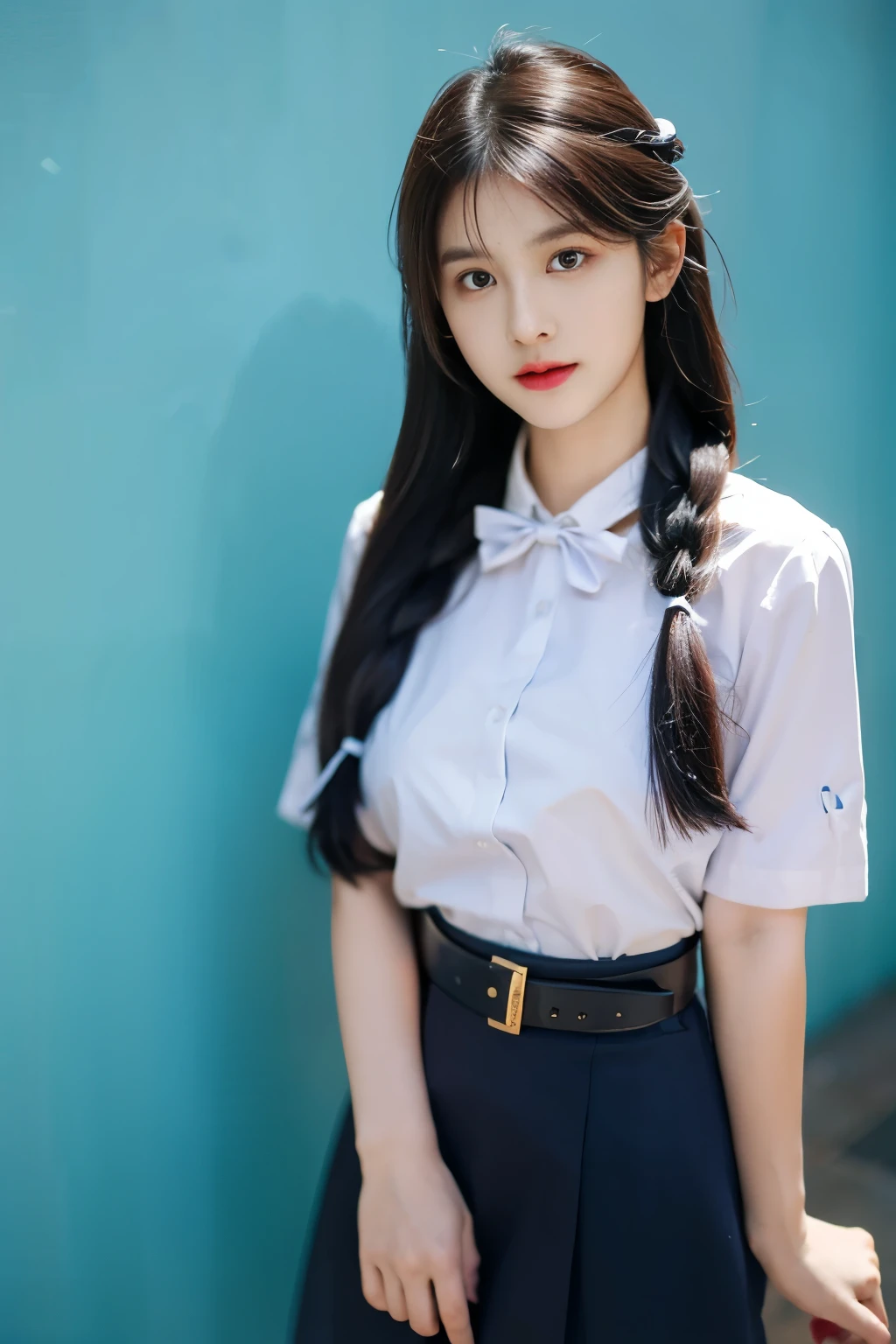 cute thai girl without bang, solo, dollies eye, long hair, blue skirt, white shirt,black hair, ribbon, braid hair, belt, right hand, left hand, photo background ,high_resolution ,excellent, performance and top quality, hyper_detail ,8k,Realism, large breasts