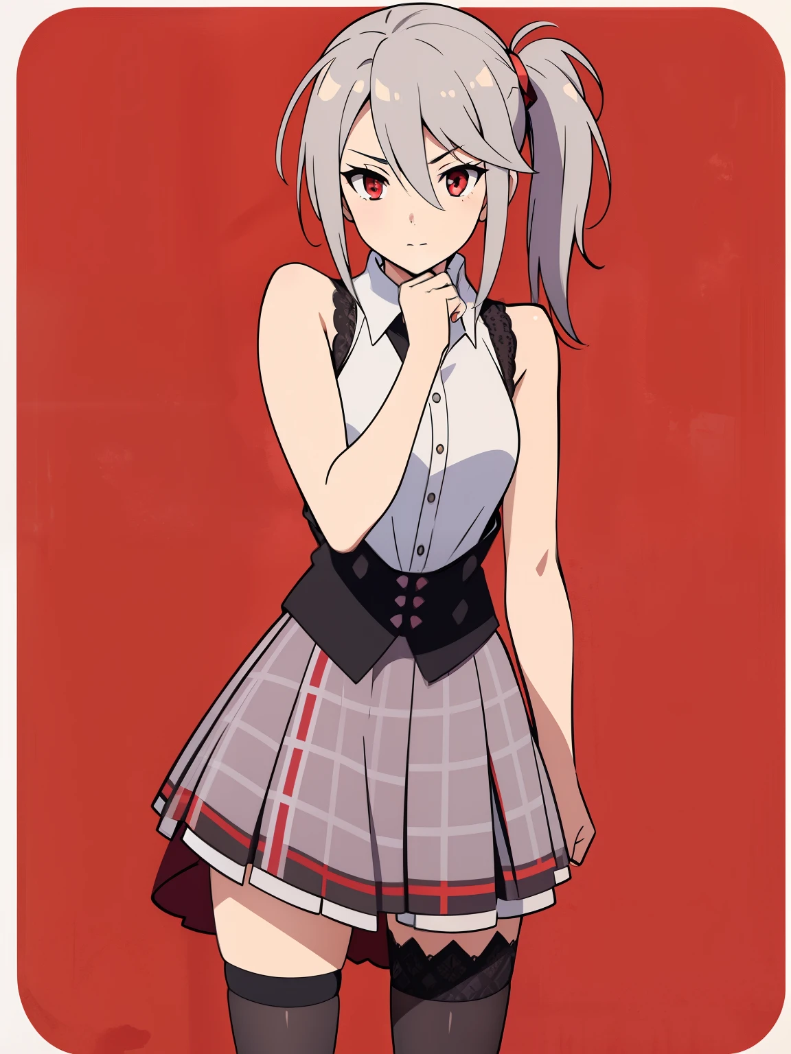 (high-quality, breathtaking),(expressive eyes, perfect face) 1girl, female, solo, ager, black color hair, red highlight in hair, red eye color, short hair length, fluffy spiky hair, Symmetrical Eyes, portrait, positive expression, grey background, narrow eyes, fserah, side ponytail, sleeveless white dress shirt, red plaid-pleated skirt lined with black lace, black thigh-high stockings, serah farron outfit
