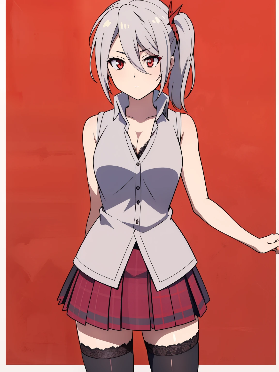(high-quality, breathtaking),(expressive eyes, perfect face) 1girl, female, solo, ager, black color hair, red highlight in hair, red eye color, short hair length, fluffy spiky hair, Symmetrical Eyes, portrait, positive expression, grey background, narrow eyes, fserah, side ponytail, sleeveless white dress shirt, red plaid-pleated skirt lined with black lace, black thigh-high stockings, serah farron outfit