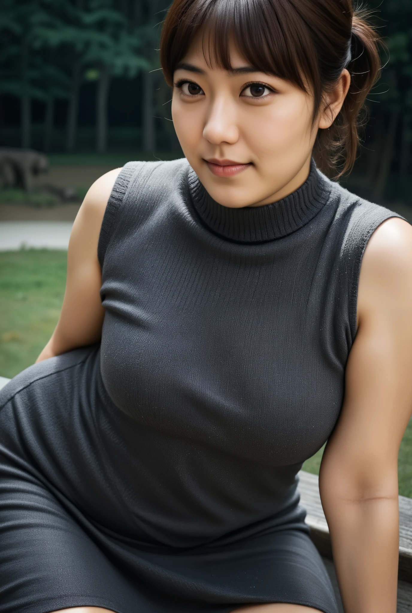 (Outdoor portrait focusing from the chest upward), (1 woman), (Beautiful Japanese mature woman), (Facial features resembling those of a White woman:0.5), (Gorgeous and erotic smile), (mouth open), (Confident posture with chest forward), 1hand behind head, thick arms, (Plus size small waist model), (Direct provocative gaze into the camera), (sleeveless turtleneck sweater dress), sleeveless knitted tuetleneck sweater, high-heels, (stinding outdoors on a bench lehs apart a simple grassy park setting with a strongly blurred background), (nighttime), (Soft natural lighting), (Photorealistic rendering), breasts dynamic focus, (Extremely detailed and realistic facial and skin textures), wool sweater material:1.2, (Shallow depth of field), (High resolution), (Masterpiece). (Half body close-up view perfection facial shot) 