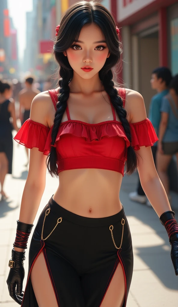 A young Asian woman, positioned slightly off-center to the left of the frame, is depicted in a dynamic, slightly stylized fashion.  She has long, dark black hair, styled in a braid adorned with red accents, and expressive brown eyes.  Her complexion is fair.  Her expression is neutral, with a slight hint of confidence.  She is wearing a cropped, vibrant red top with layered ruffled sleeves, a black, high-waisted skirt with a thigh-high slit, and black gloves with red/black patterns.  A gold chain is visible on the skirt's waistband.  Her body type is slender and athletic, with a visible waistline.  She is walking or posing, suggesting a sense of movement. The background is slightly out of focus, containing a street scene with blurred figures. The overall colors are bold with red, black, and hints of brown and beige. The lighting in the image is bright and directs attention to the woman's features and clothing. The composition and perspective suggest a street style or fashion photoshoot. The style and atmosphere are contemporary and fashionable. The image showcases a stylish, confident young woman.