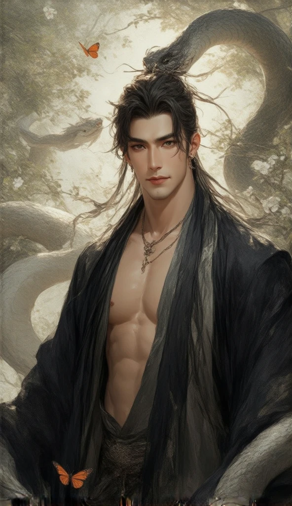 A handsome Asian man with strikingly sharp facial features, large expressive eyes, and a toned, model-like physique. shirtless, revealing defined and sculpted abs that exude strength and elegance. His skin is luminous, with a radiant glow reminiscent of a deity, giving him an ethereal aura.

He is wearing black traditional Chinese attire, with an open-front outer robe that reveals a muscular upper body, The robes are detailed with subtle silver embroidery, adding an air of mystique and sophistication.

The scene is set in a lush garden filled with blooming flowers and vibrant greenery, with a shallow depth of field that creates a dreamy bokeh effect in the background. A majestic big white snake with smooth, shimmering scales coils gracefully around him, symbolizing mystery and power. Orange and white butterflies flutter gently, adding movement and emphasizing the multi-layered depth of the composition.

Soft sunlight filters through the trees, casting a warm glow on his skin and the surrounding blossoms. The overall atmosphere is a blend of sensuality, mystery, and divine presence, captivating the viewer with its enchanting and layered depth