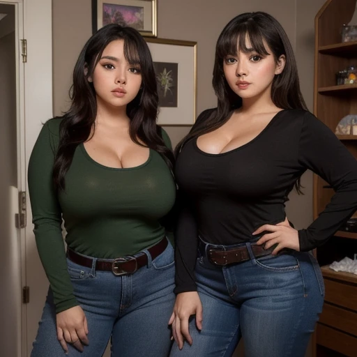 90s dark vintage film style, two super busty cute very chubby Mexican nerdy emo  sisters, short brown hair, beautiful detailed brown eyes, cutely detailed lips, cute highly detailed eyes and face, round shape face, voluptuous breasts, deep cleavage, long sleeve v neck t-shirt, belted jeans, full body photo, masterpiece, photorealistic, 8k, vivid colors, studio lighting, professional, standing in her room at night, 2girl, 