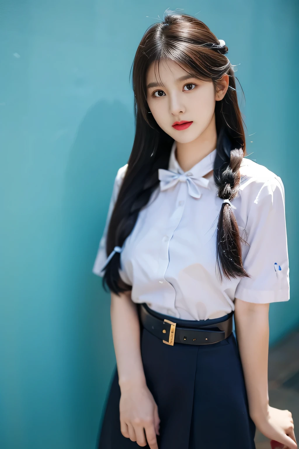 cute thai girl without bang, solo, dollies eye, long hair, blue skirt, white shirt,black hair, ribbon, braid hair, belt, right hand, left hand, photo background ,high_resolution ,excellent, performance and top quality, hyper_detail ,8k,Realism, large breasts