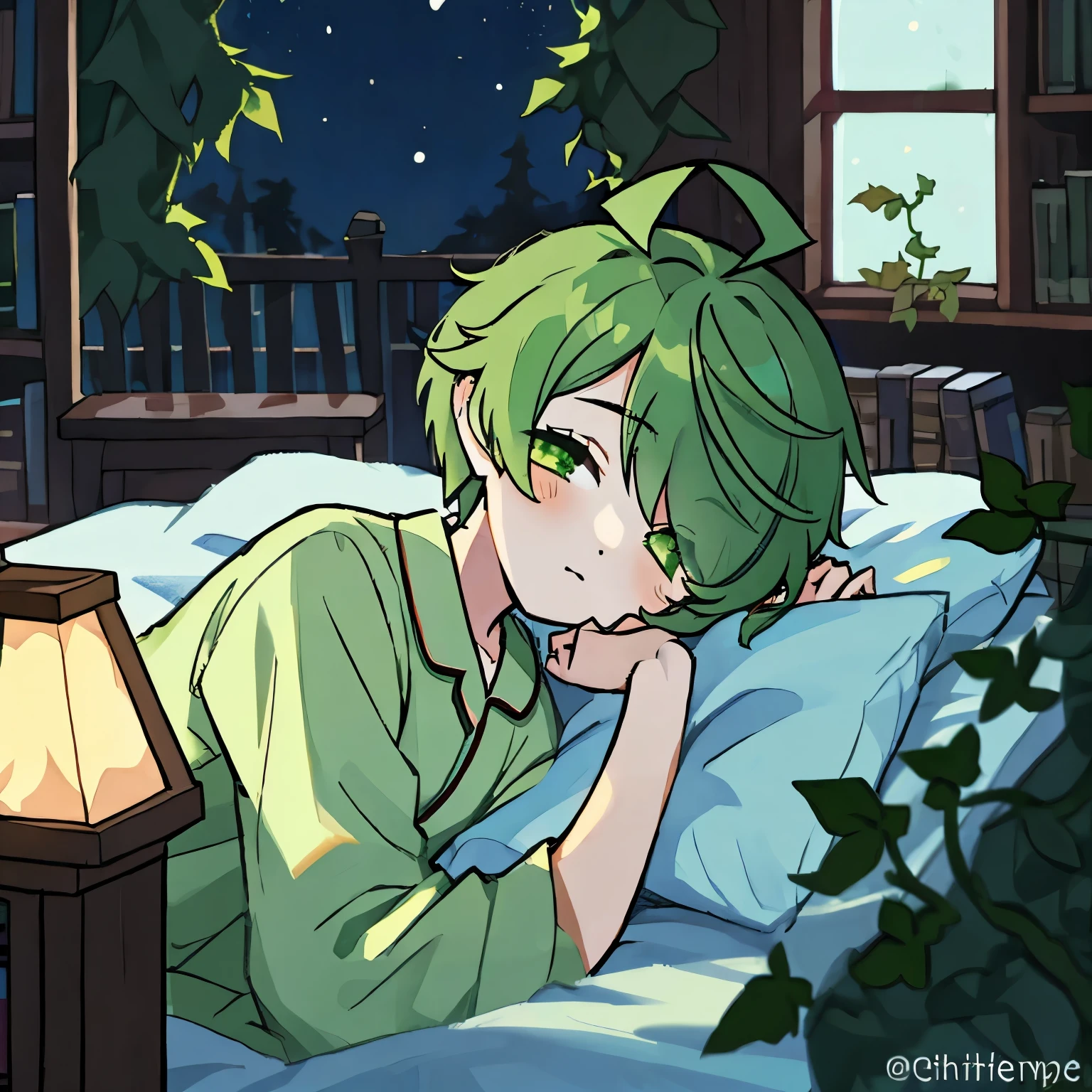 (boy), Dryad, green ivy hair, green eyes, short cut, side part, ahoge, hair over one eye, thin eyebrows, young, alone, short, Shota, tired, sleeping, sleepy, lying down, looking at viewer, eyes half-closed, eyes closed, inside, in the house, in the room, with a bed, with a bookshelf, with a window, at night, pajamas, Solo,
