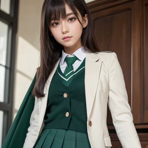 Masterpiece,  top quality,  One Girl , Alone, Nahida_genshin, Cross-shaped pupil,  school uniform,  green tie,  blazer,  pleated skirt at the top of the screen,  green cape,  is standing  