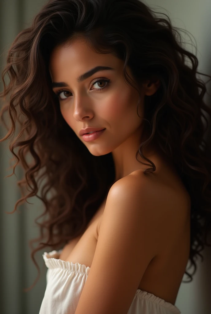 (mise au point nette:1.2), photo, attractive young woman, (beau visage:1.1), detailled eyes, types marocaine, pouty lips, (Maquillage des yeux de chat:0.85), (grands yeux:1.0), (corps tonique:1.2), (curly hair:1.2), (gros butin:1.4), Porter (:1.2) sur un (chambre:1.2). (moody lighting:1.2), profondeur de champ, Bokeh, 4K, Hdr. par (Jacques C. Christensen:1.2|Jeremy Lipking:1.1). Hyperéalstic