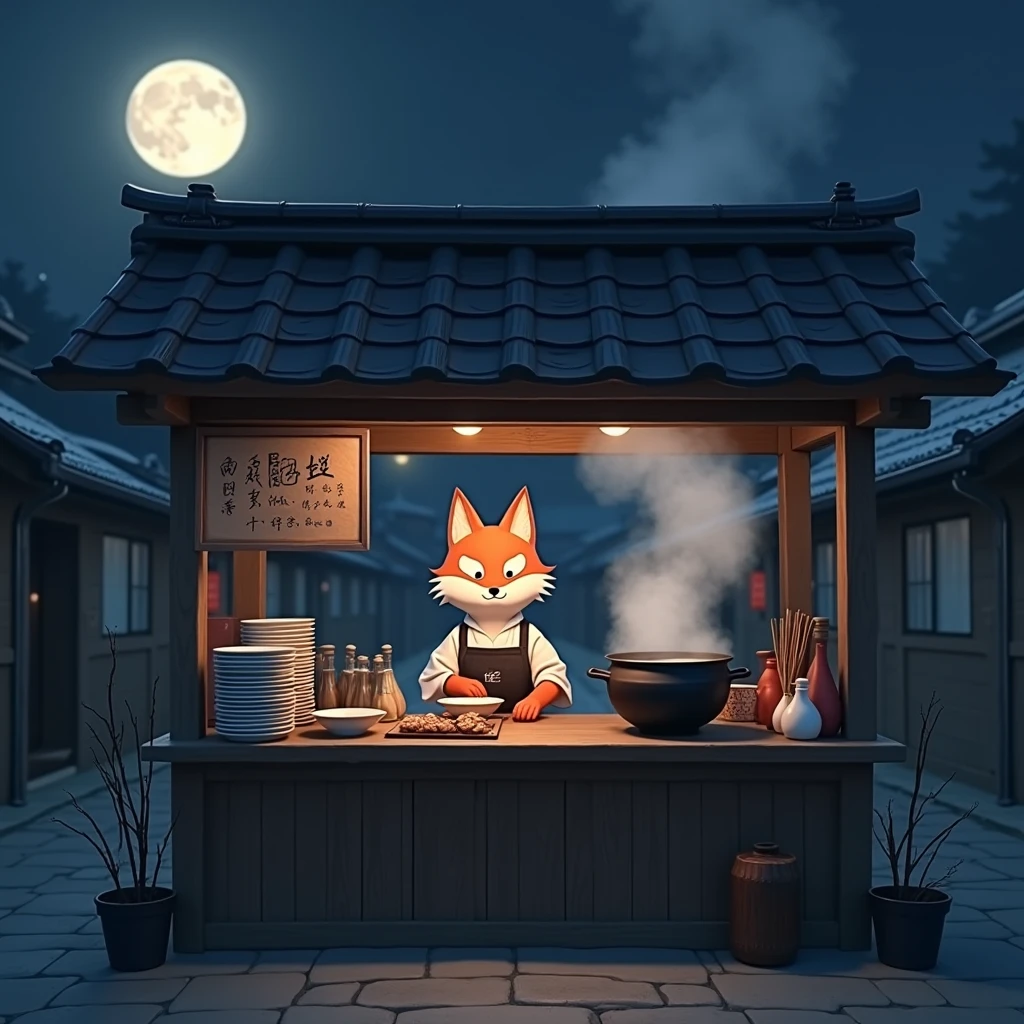  Old Wooden Stall 、Steam from the wooden roof 、 Oden Stall 、Fox shopkeeper wearing an apron、 Cool Night Atmosphere、Full moon night、 Steam from Oden Pot 、Crisp lines、 sharp focus、 High Quality 、 8K ultra HD、 Amazing Full Color 、Plates, chopsticks, sake, and boar mouths on the counter、Realistic、 real pictures、