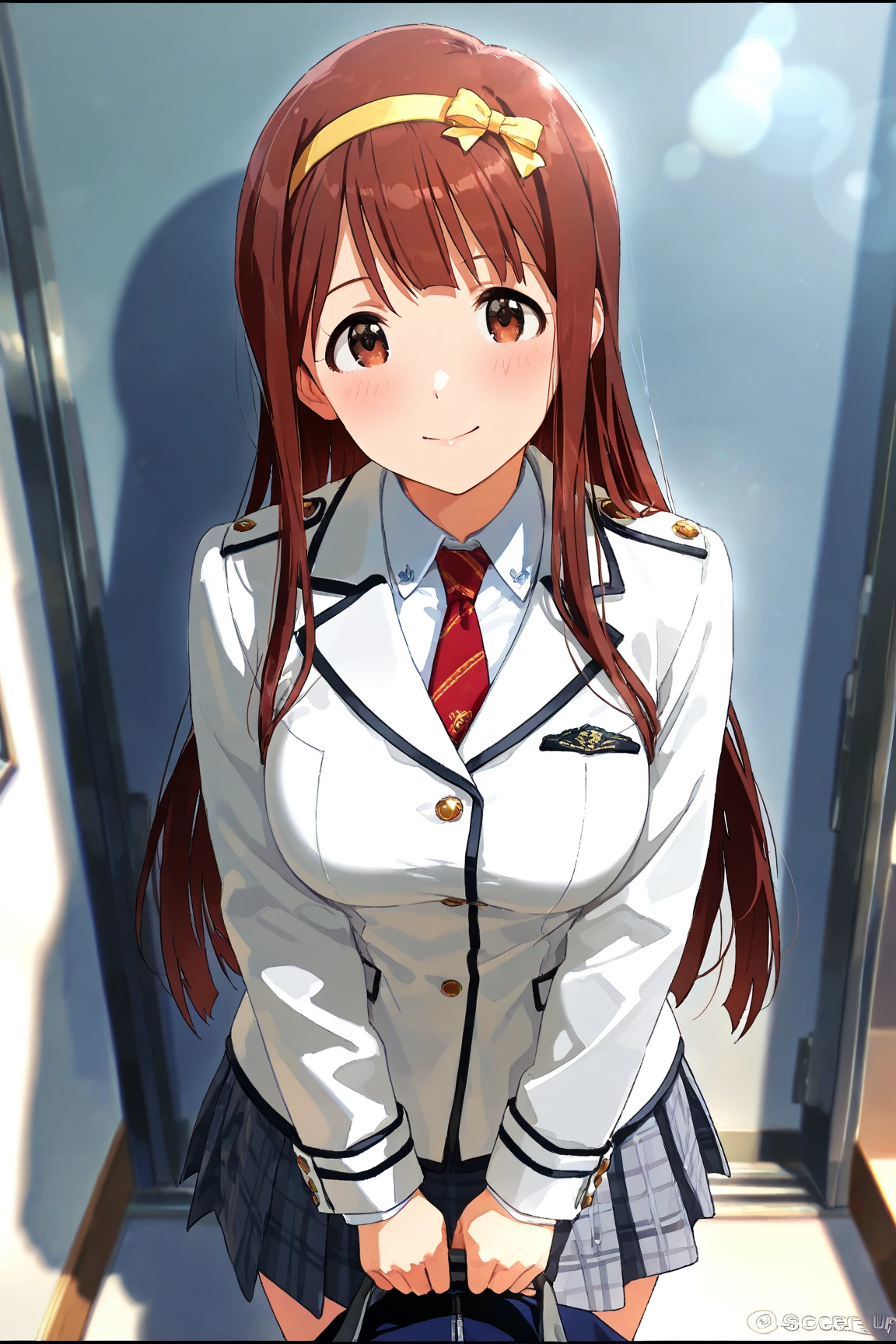 score_9,score_8_up,score_7_up,masterpiece,best quality, source anime, (photorealistic:1), hyperrealistic, 8k,super detailed, full body,from front,BREAK girl,tanaka kotoha, idolmaster million live!, brown hair, long hair, hairband, brown eyes, bow, cowboy shot,  (large breasts),shiny hair, beautiful detailed eyes, beautiful face,(embarrassed:0.3), blush,standing, red necktie, white blazer coat with black border pattern design ,Tartan Check Skirt  school skirt, 