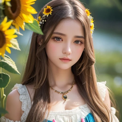 (  Absurdly ,  High Quality  ,  ultra detail  ) ,( Handmade ) ,  One Girl , Alone,  mature,   touch very long hair , Sunflower Hair ,  The beautiful crystal eye in the upper left corner  ( Eye details ) Baroque,  necklace,  long dress ,  Long Sleeve ,  elegant ,  colorful ,  Best Details ,  upper body , Along with the river and sunflower flowers