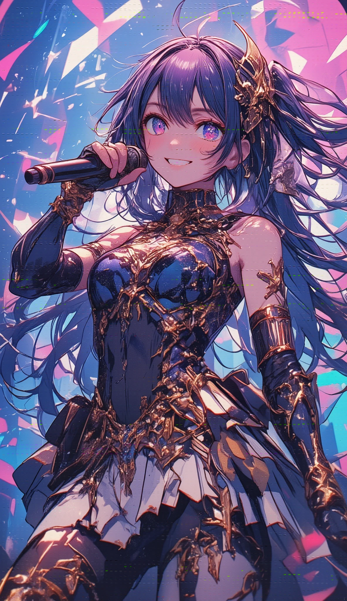 Love Hoshino、 idol costume、 upper body、 has a microphone 、 simple background