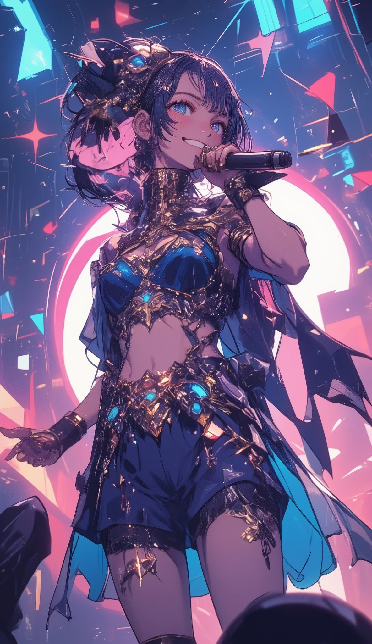 Love Hoshino、 idol costume、 upper body、 has a microphone 、 simple background
