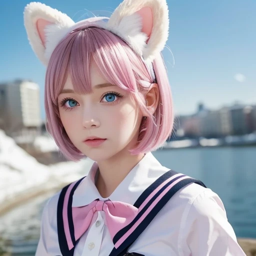  ski style,  One Girl , Alone,  pink hair,  animal ears ,  blue eyes, Wings,  looking , bangs,  short hair, bow,  sailor color , white  sailor color , hair bow, pink bow,  Closed Her Mouth ,  shirt, white  shirt, bear ears,  bob cut, Mini Wing,  portrait,   detach wings  , compensate,  upper body, Background city