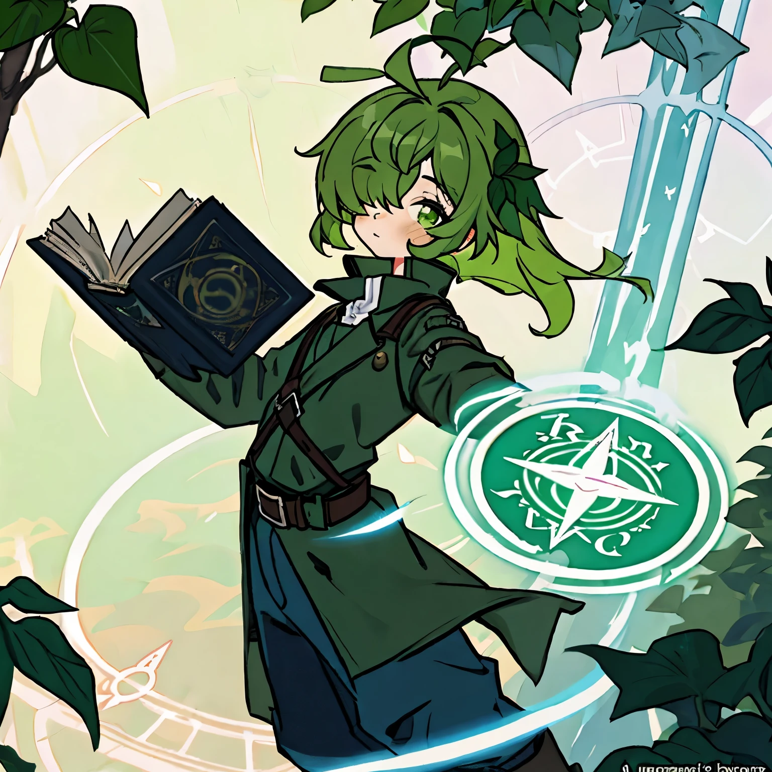 (boy), Dryad, green ivy hair, green eyes, short cut, left side part, ahoge, hair over one eye, thin eyebrows, young, alone, short, Shota, pants, trench coat, long boots, plant hair accessory, wide pants, harness, fingerless glove, belt, Solo, wizard, left hand with magic hand book, hurry potter, upper body, old magic circle effect, 
