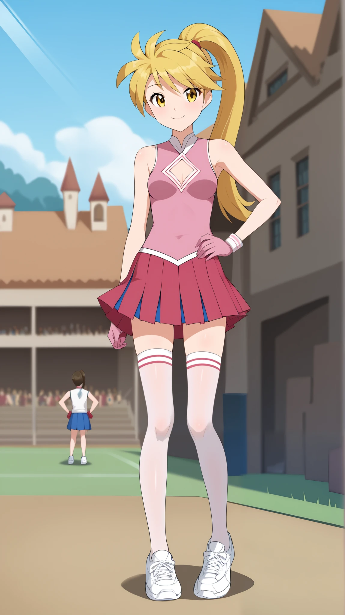 (( top quality)), ((masterpiece)), (( Details)), 1girl, Two legs, two arms,  golden hair color,  ponytail,  long hair, Yellow Eyes, Cheerleader Costume,  pink sleeveless shirt without gloves,  pink pleated mini skirt,  white knee-high stockings reflective on glass floors, white lace up shoes ,  Tall,  ANIME COLORING BOOK,  Audience , 1 Female, Age 18,  is standing, whole body, Place one hand on hip,  slim figure,  sexy smile,  seductive smile, town, (\ Pokémon\),  score_9,  score_8_Excellent,  score_7_Excellent,  score_6_Excellent,  source_Anime,  cell shading,  flat color, vector,