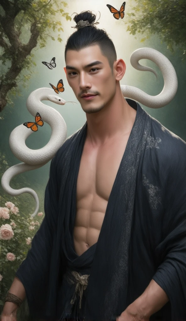 A handsome Asian man with strikingly sharp facial features, large expressive eyes, and a toned, model-like physique. shirtless, revealing defined and sculpted abs that exude strength and elegance. His skin is luminous, with a radiant glow reminiscent of a deity, giving him an ethereal aura.

He is wearing black traditional Chinese attire, with an open-front outer robe that reveals a muscular upper body, The robes are detailed with subtle silver embroidery, adding an air of mystique and sophistication.

The scene is set in a lush garden filled with blooming flowers and vibrant greenery, with a shallow depth of field that creates a dreamy bokeh effect in the background. A majestic big white snake with smooth, shimmering scales coils gracefully around him, symbolizing mystery and power. Orange and white butterflies flutter gently, adding movement and emphasizing the multi-layered depth of the composition.

Soft sunlight filters through the trees, casting a warm glow on his skin and the surrounding blossoms. The overall atmosphere is a blend of sensuality, mystery, and divine presence, captivating the viewer with its enchanting and layered depth